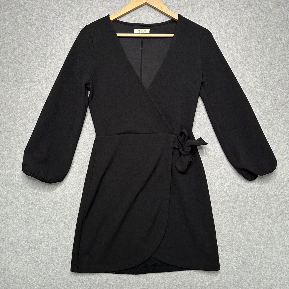 Madewell Womens Black Long Sleeve V-Neck Side Tie‎ Mini Wrap Dress XS Crepe